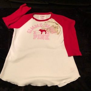 EUC VS PINK white w/ red 3/4 sleeve baseball T LG